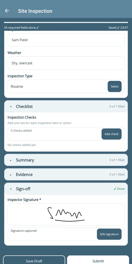 Straight2PDF app showing a completed form with the signature captured and all required fields done