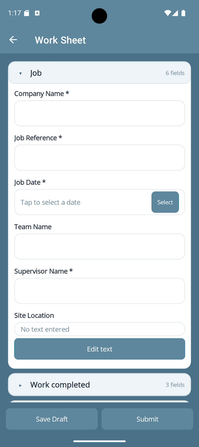 Straight2PDF app screen showing a work sheet form being filled in