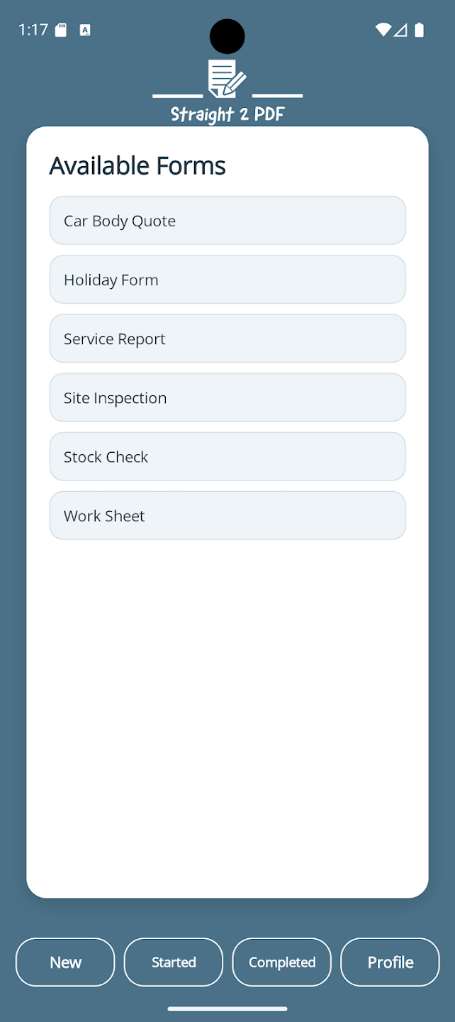 Straight2PDF app screen listing available forms to complete