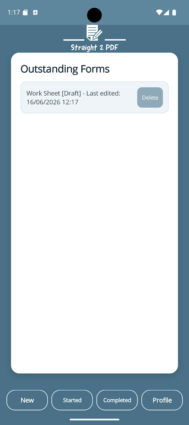 Straight2PDF app screen showing an outstanding draft form