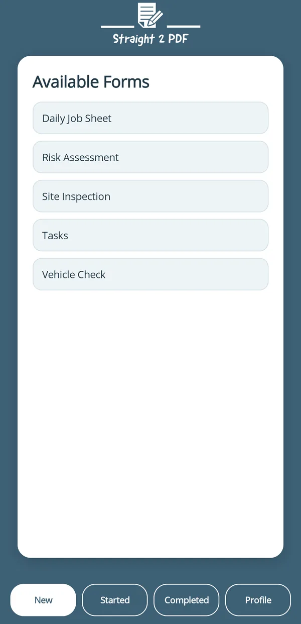 The app&rsquo;s list of forms available to fill in