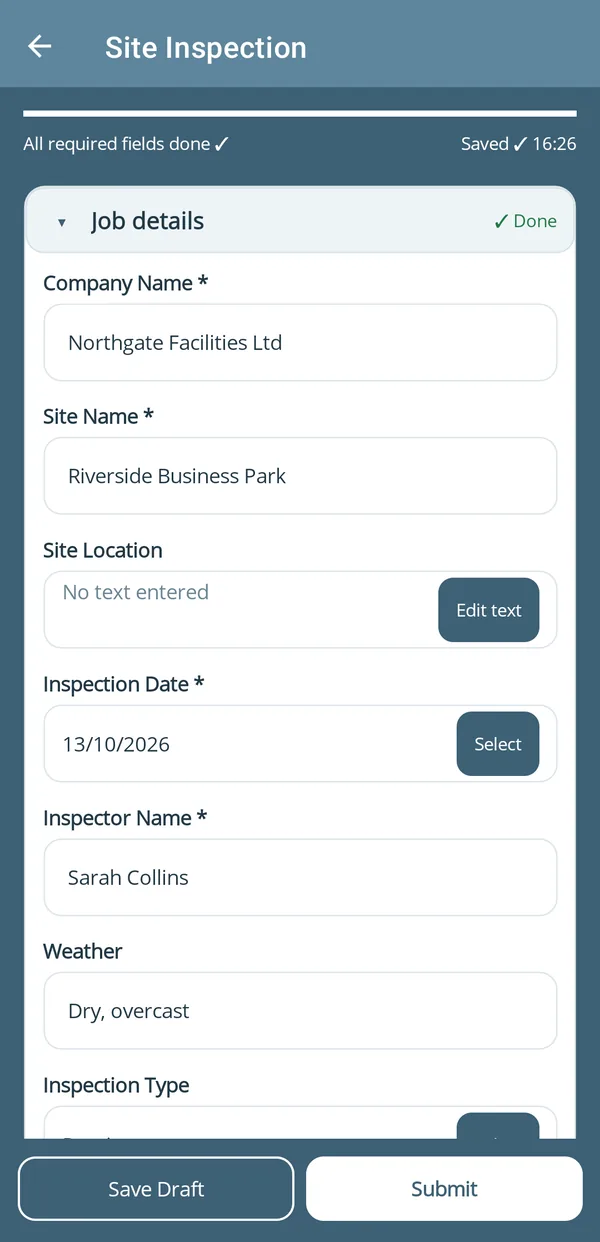 A site inspection being filled in, with the job details section done