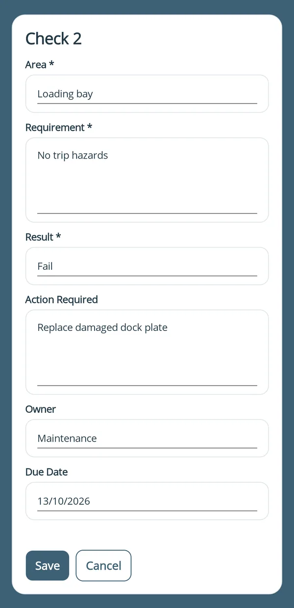 A check in the app marked Fail, with the action required and its owner filled in