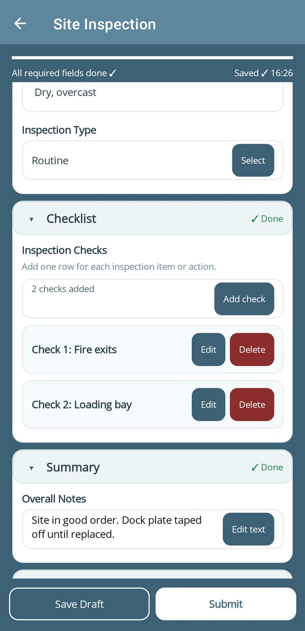 A site inspection checklist in the app, with each check marked done