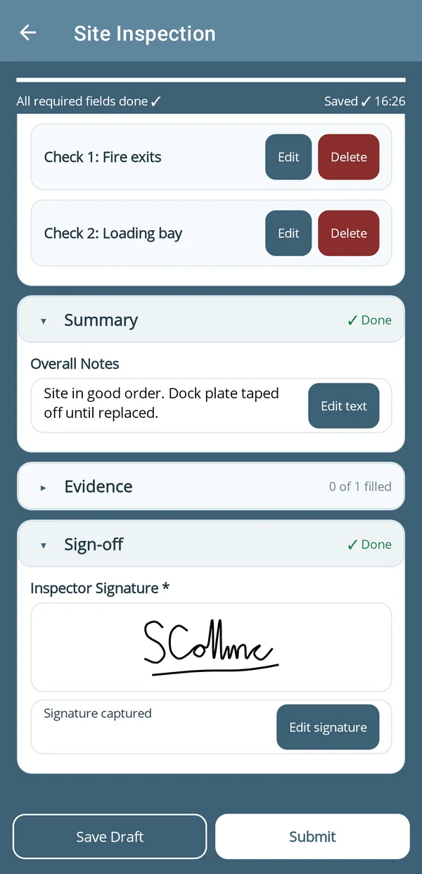A signed form with Save Draft and Submit buttons