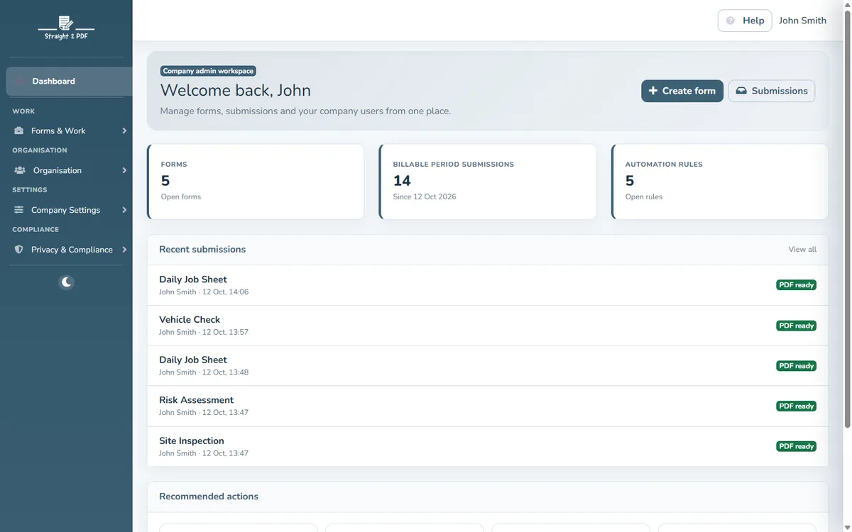 The Straight2PDF dashboard with recent submissions, each marked PDF ready