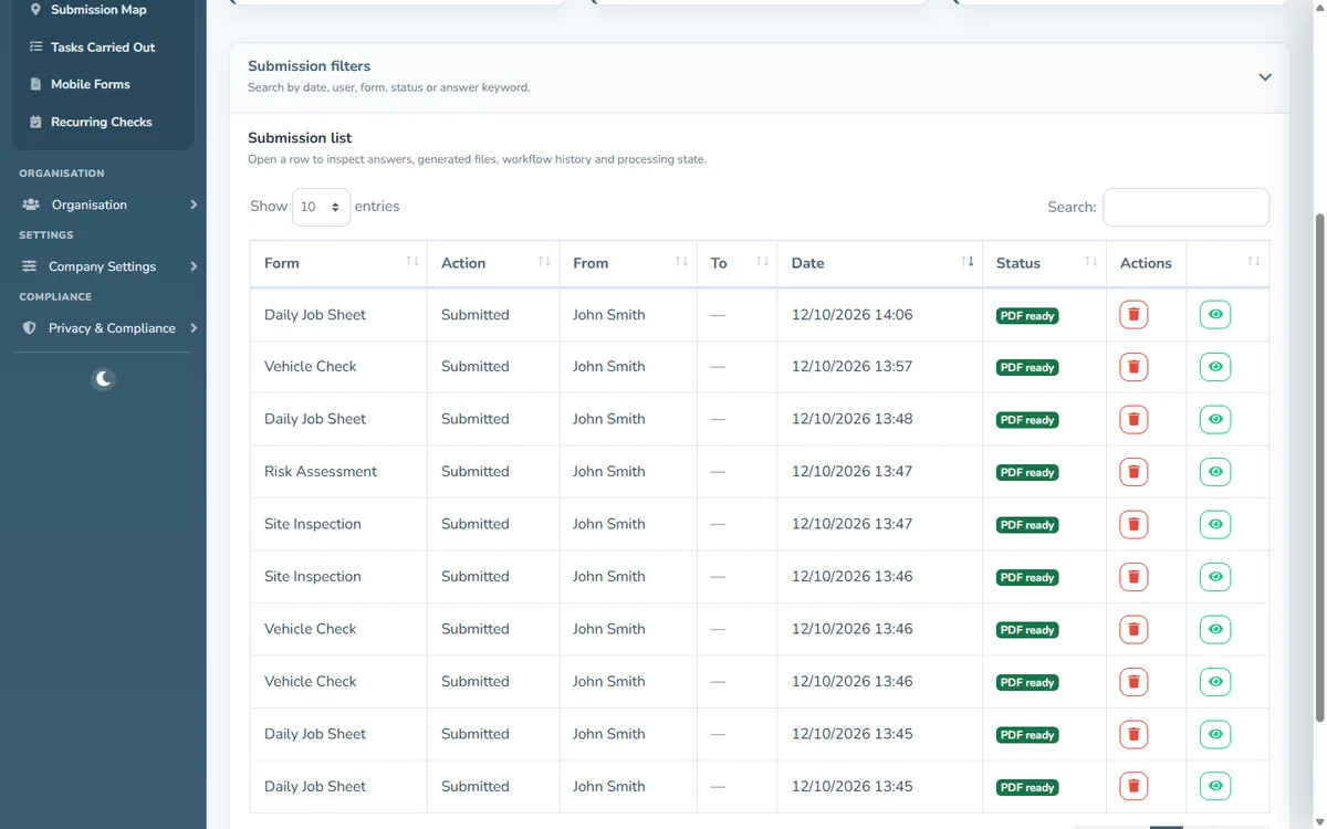 The submissions list in the dashboard, each record with its PDF ready